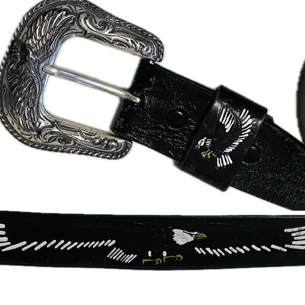 🦅🇺🇸Sz 46 Detachable Eagle Belt & Buckle Vintage Silver-Toned Embossed Leather